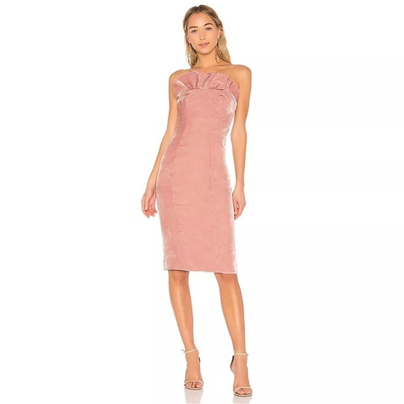 Cinq a Sept Marceau Pink Velvet Ruffle Strapless Corset Midi Dress, size 4 - Picture 1 of 7
